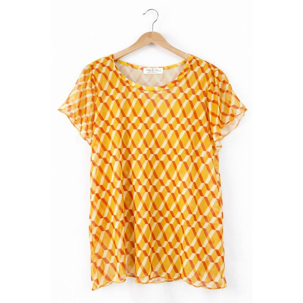 Jolie & Joy Geometric Sheer Mesh Top Yellow Orange Short Sleeve Plus 1X
